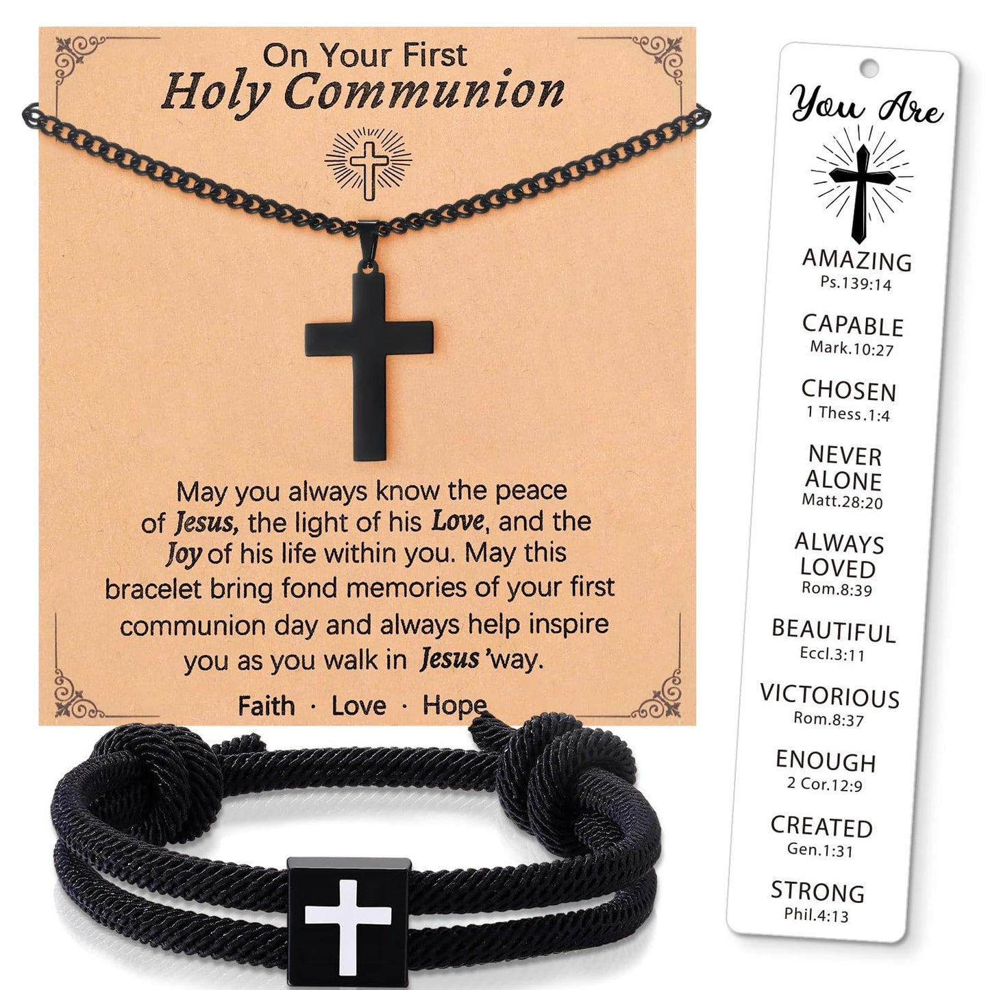 First Communion Gifts for Boys Catholic Set First Holy Communion Gifts with Cross Necklace Bracelets Bookmark Card for Ceremony Keepsake and Daily Faith Reminder