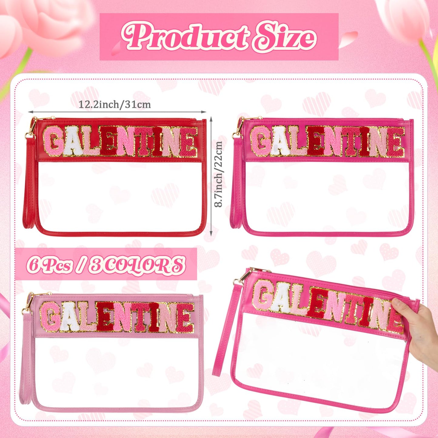 Shinylin 6 Pcs Galentine's Day Makeup Bags Gifts Bulk Chenille Letter Clear Zipper Pouch Waterproof Nylon Organizer for Women Girls Friends Ladies Valentine's Day Party Favors Decorations