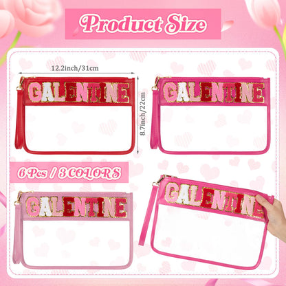 Shinylin 6 Pcs Galentine's Day Makeup Bags Gifts Bulk Chenille Letter Clear Zipper Pouch Waterproof Nylon Organizer for Women Girls Friends Ladies Valentine's Day Party Favors Decorations