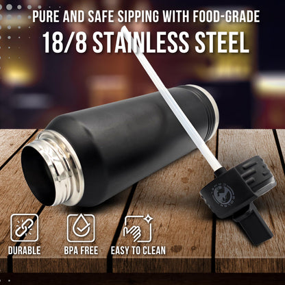 Lineman Water Bottle - 32oz Insulated Engraved Stainless Steel Flip Top With Straw Gift - Black