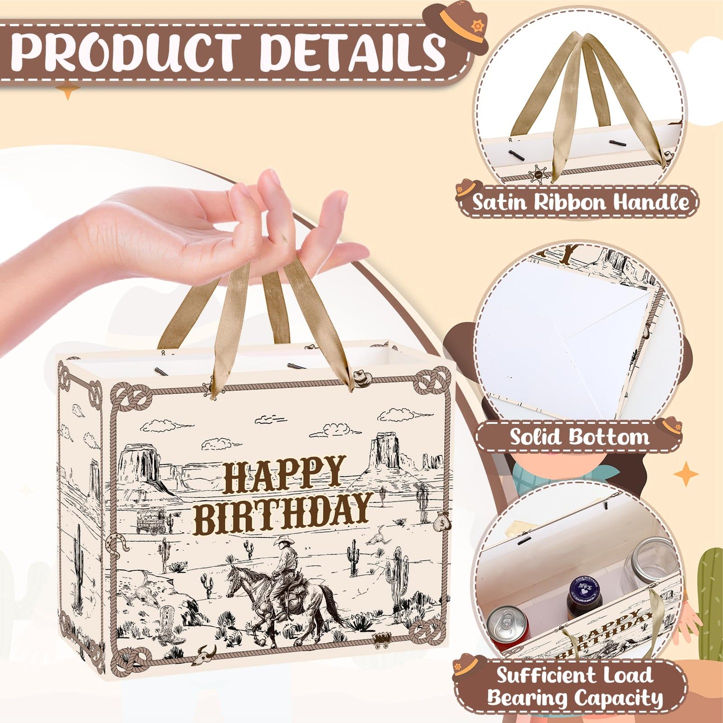 Innovoscape Cowboy Birthday Gift Bag for Boys Men Western Rodeo Happy Birthday Gift Bag with Wrapping Paper Card Large Wild West Horse Gifts Bag for Cowboy Bday Decorations Party Favors Supplies