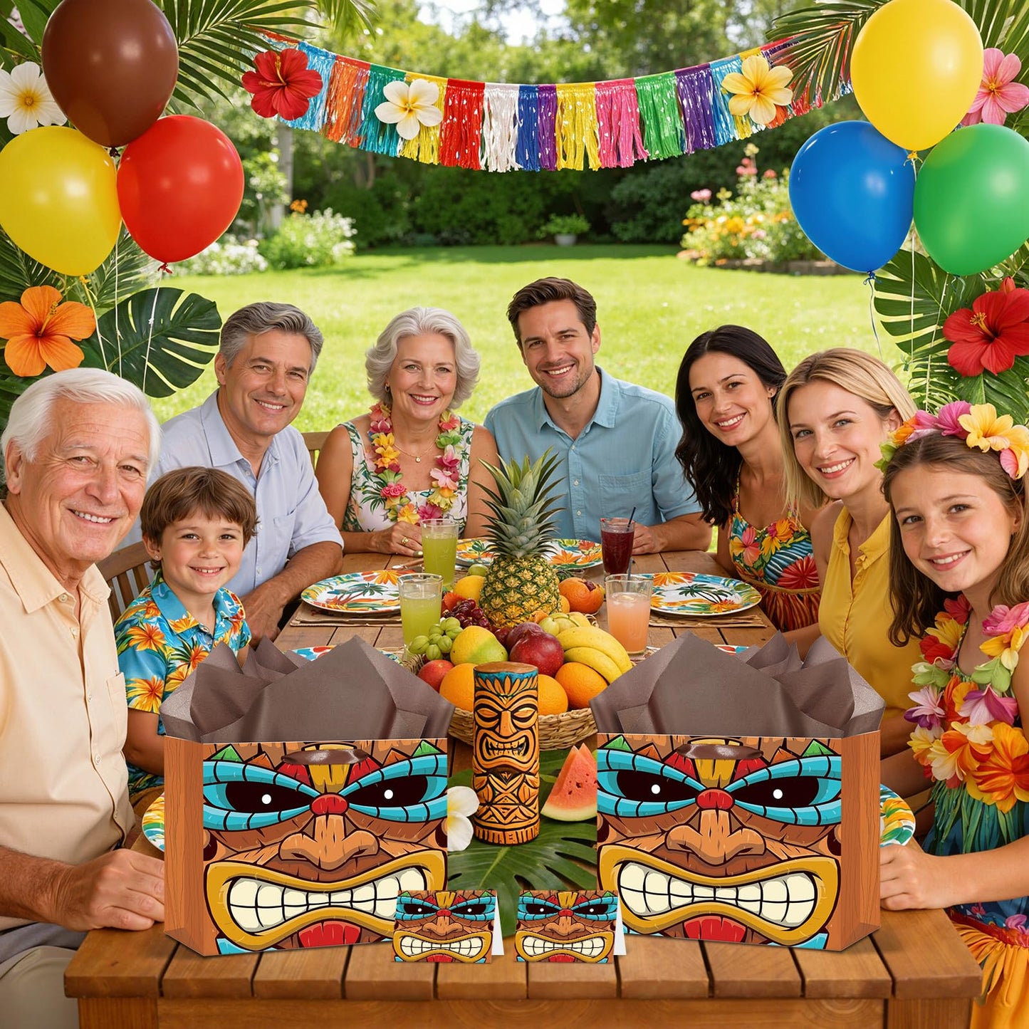 Tiki Gift Bag Brown Hawaiian Wrapping Paper Bag with Tissue Paper and Greeting Card Aloha Luau Party Favors Hawaiian Themed Party Decor for Hawaii Tropical Summer Festival Birthday Party Supplies
