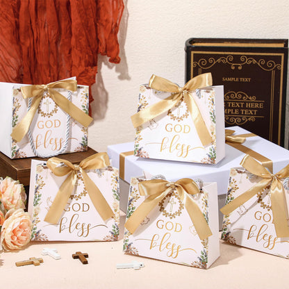 Kolldenn 25 Pack Baptism Gift Bags for Guests Gold God Bless Paper Gift Bags with Handles and Bow Ribbon for Baptism Guests Theme Party Favors Christenings Easter