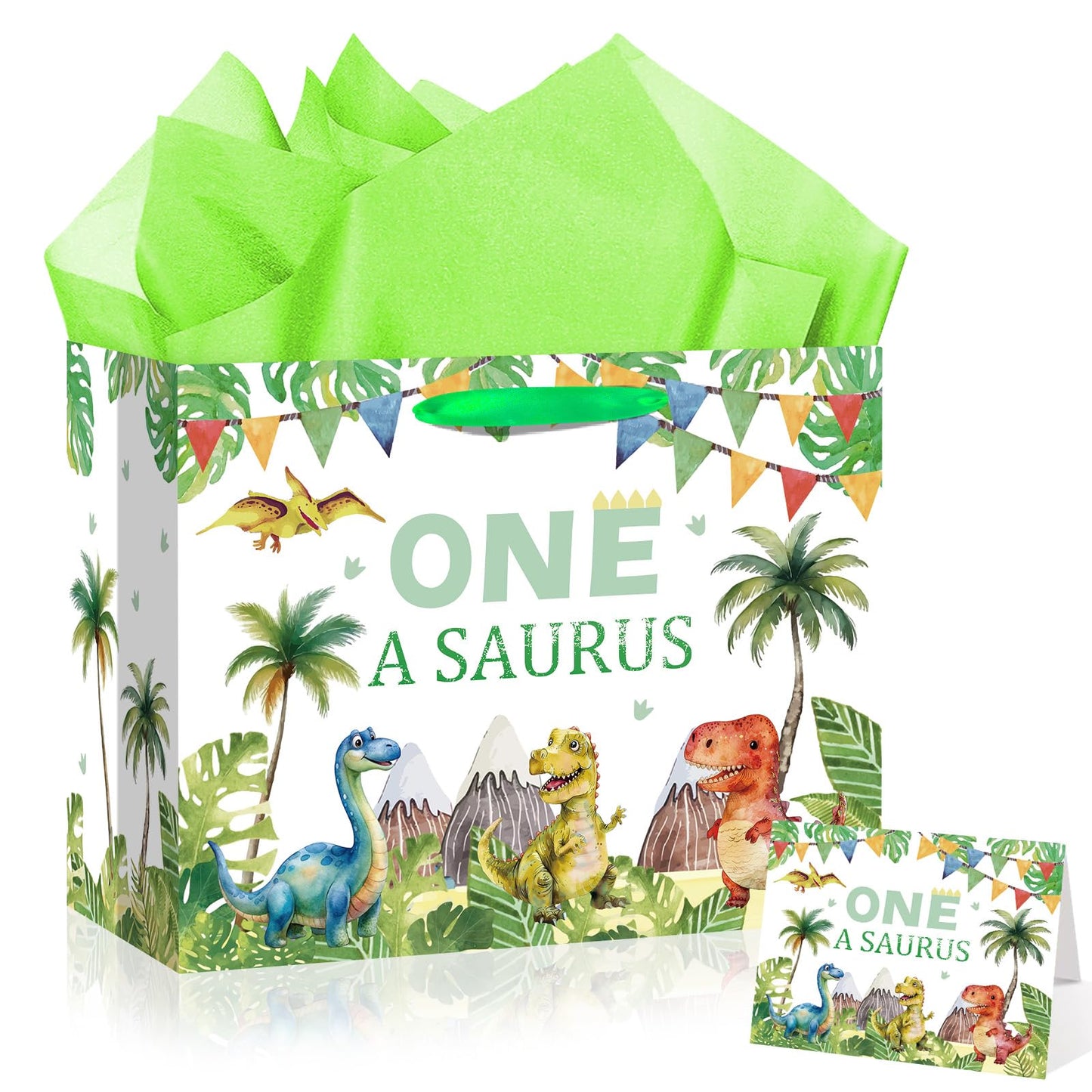 Woosytoo Baby Boys 1st Birthday Gift Bag One a Saurus Decorations Dinosaur First Birthday Gift Wrapping Paper Bag with Tissue Paper for Dino One Years Old Party Favor Supplies