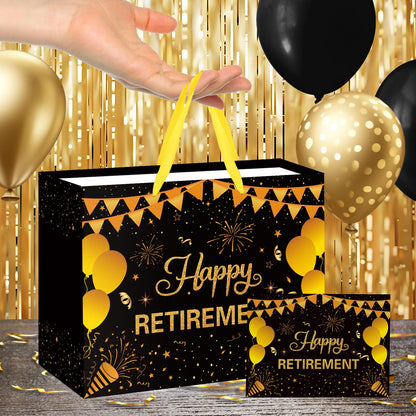 Hooqict Large Retirement Gift Bag Black Gold Happy Retirement Party Gift Bag with Handles, Wrapping Paper, Greeting Card for Men Women Coworker Teacher Farewell Going Away Party Favors
