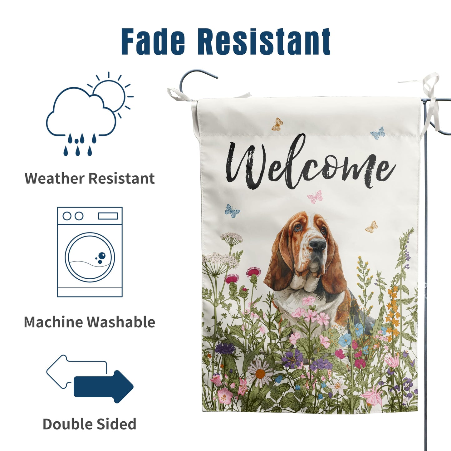 Spring Summer Garden Flag Floral Basset Hound Yard Flag Flower Dog Garden Flags for Outside Small Outdoor Welcome Flags 12x18 Double Sided