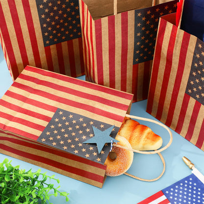 JarThenaAMCS 24 Pcs Patriotic Paper Gift Bags with Tissue Paper Star Gift Tag Rope 4th of July American Flag Kraft Goodie Treat Bag with Handles for Independence Day 250th Anniversary Memorial Day