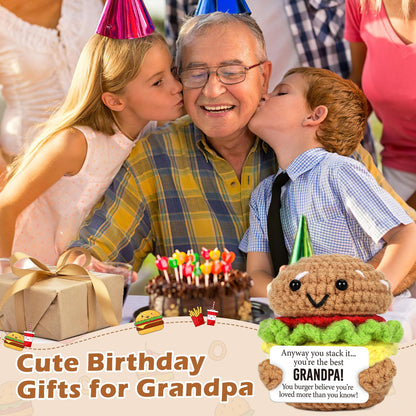 Mini Fathers Day Birthday Gifts for Grandpa from Granddaughter Grandson Handmade Crochet Burger Birthday Gifts for Grandfather Thank You Gift for Papa New Grandfather Bonus from Grandkids