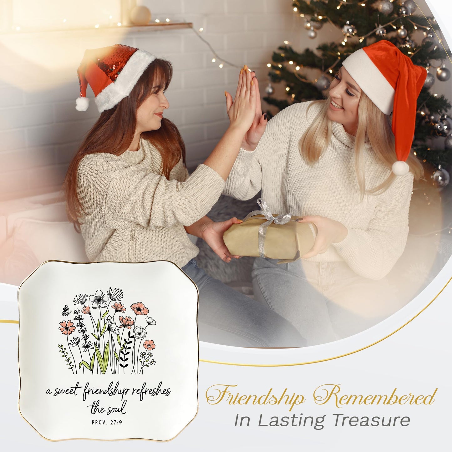 HEXMOZ Friendship Gifts for Women, Best Friend - Friend Birthday Ideas Gift, Soul Sister Gift for Women Christian - Sweet Friendship 4.5"X4.5" Floral Ceramic Jewelry Dish Tray - Tricket Dish