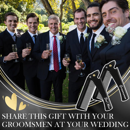 6 Pcs Groomsmen Gifts Folding Beard Comb for Men with Opener Groomsmen Gift Set of 6 Best Man Proposal Gift Combs Hair Mustache for Wedding Party Favor Grooming Detangling(Stainless Steel,Black)
