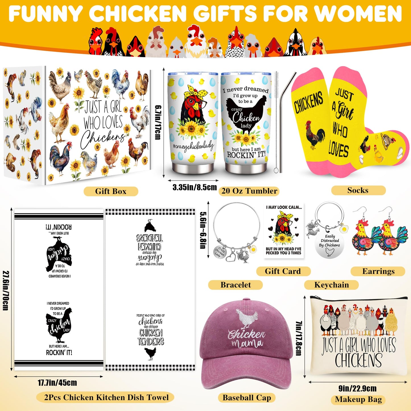 Chicken Gifts, Chicken Lover Gifts for Women, Funny Chicken Stuff with 20 Oz Tumbler Hat Socks Makeup Bag 2 Chicken Kitchen Towel Bracelet Keychain Earrings, Chicken Lady Birthday Chirstmas Gift