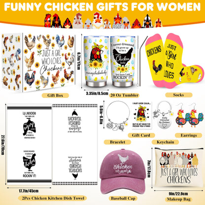 Chicken Gifts, Chicken Lover Gifts for Women, Funny Chicken Stuff with 20 Oz Tumbler Hat Socks Makeup Bag 2 Chicken Kitchen Towel Bracelet Keychain Earrings, Chicken Lady Birthday Chirstmas Gift
