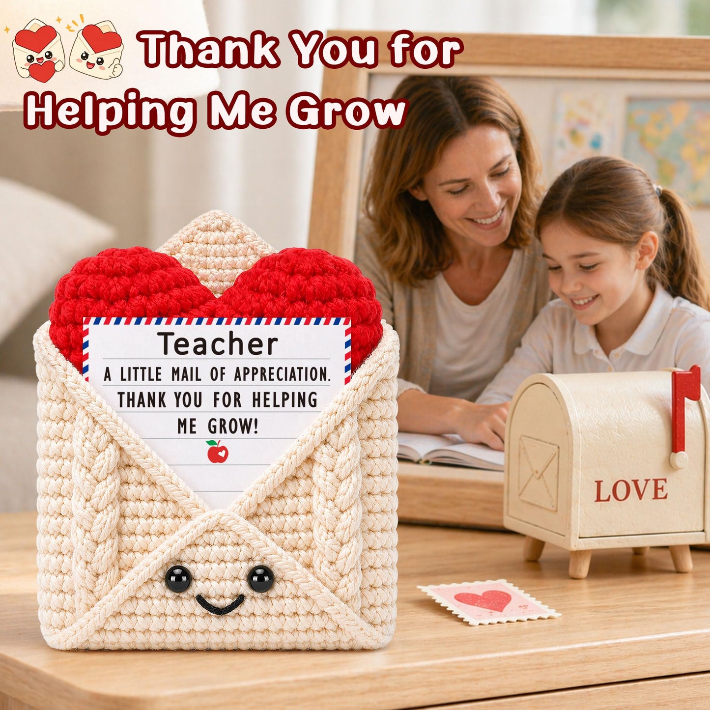 Teacher Gifts, Teacher Appreciation Gifts, Thank You Gift for Teachers Mentor Educator, Gift Idea for Teacher's Day Birthday Graduation Retirement Christmas Valentines, Handmade Crochet Heart Envelope