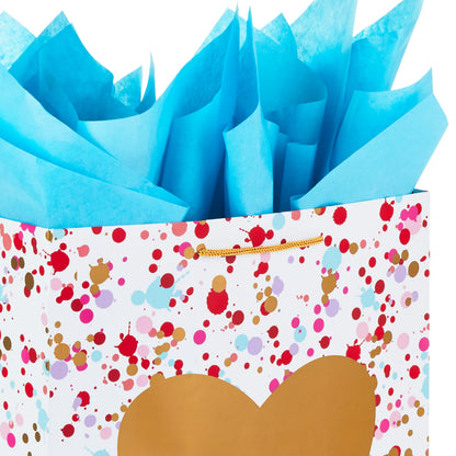 Hallmark 17" Extra Large Valentine's Day Gift Bag with Blue Tissue Paper (Gold Heart, Paint Splatters)