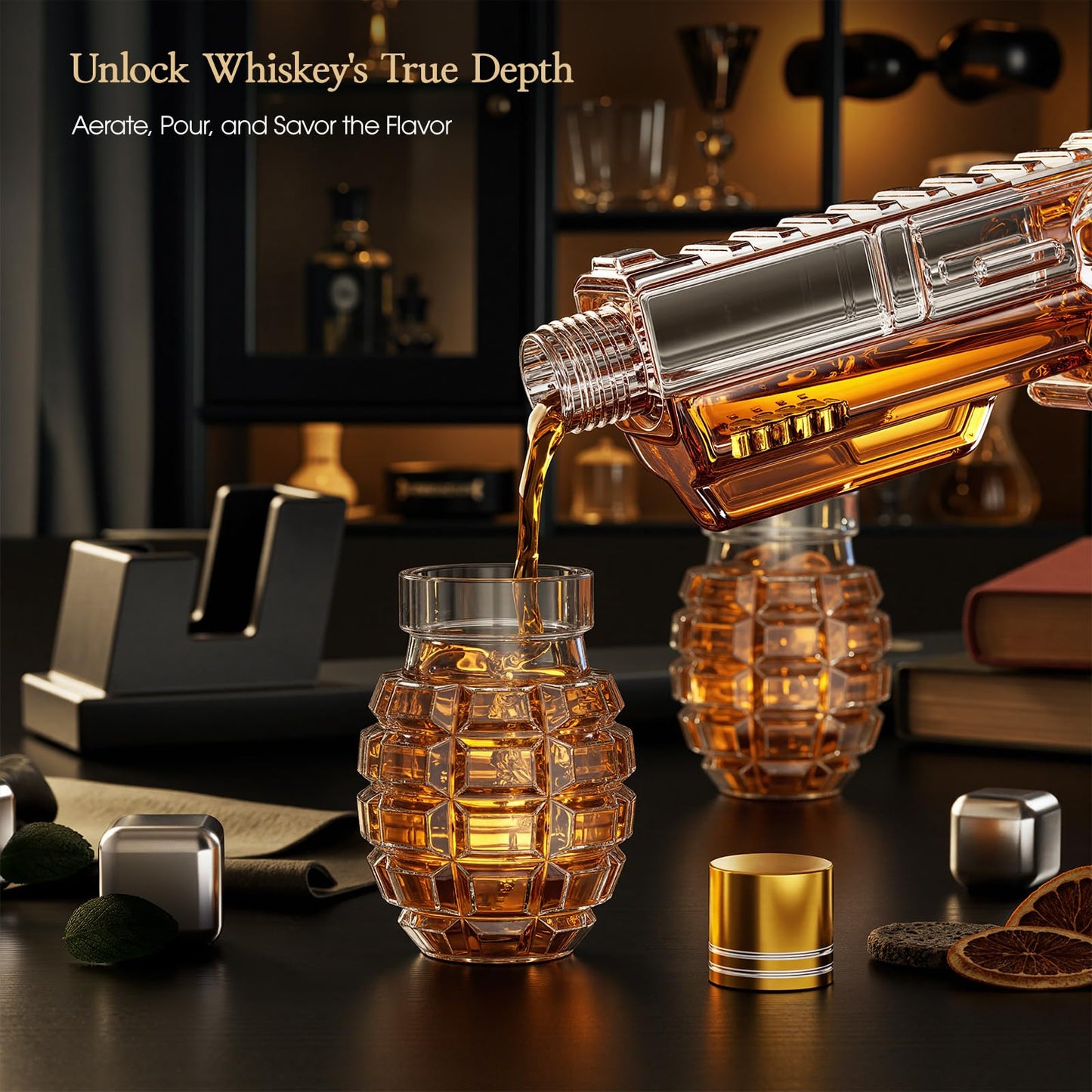 Kollea Whiskey Decanter Set with Grenade-Shaped Shot Glasses, Anniversary Birthday Gifts for Men Who Have Everything, Whiskey Gifts for Father, Husband, Boyfriend & Military Enthusiasts, Fathers Day