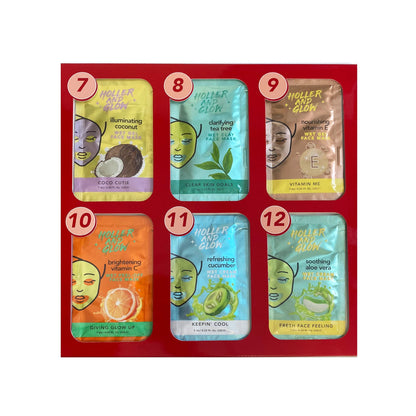 Holler And Glow 12 Days of Self Care Facial Mask Set, Valentine's, Hydrating Hyaluronic Acid, Moisturizing, Calming, Illuminating, Smoothing, Detoxifying, Brightening Vitamin C, 12 Piece Gift Set
