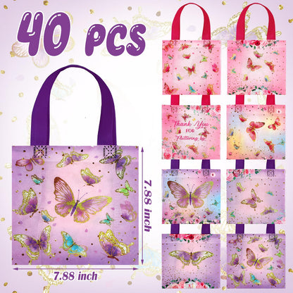 Sweetude 40 Pcs Butterfly Gift Bags Pink and Purple Reusable Totes with Handles Non Woven Butterfly Stylish Candy Bags for Birthday Party