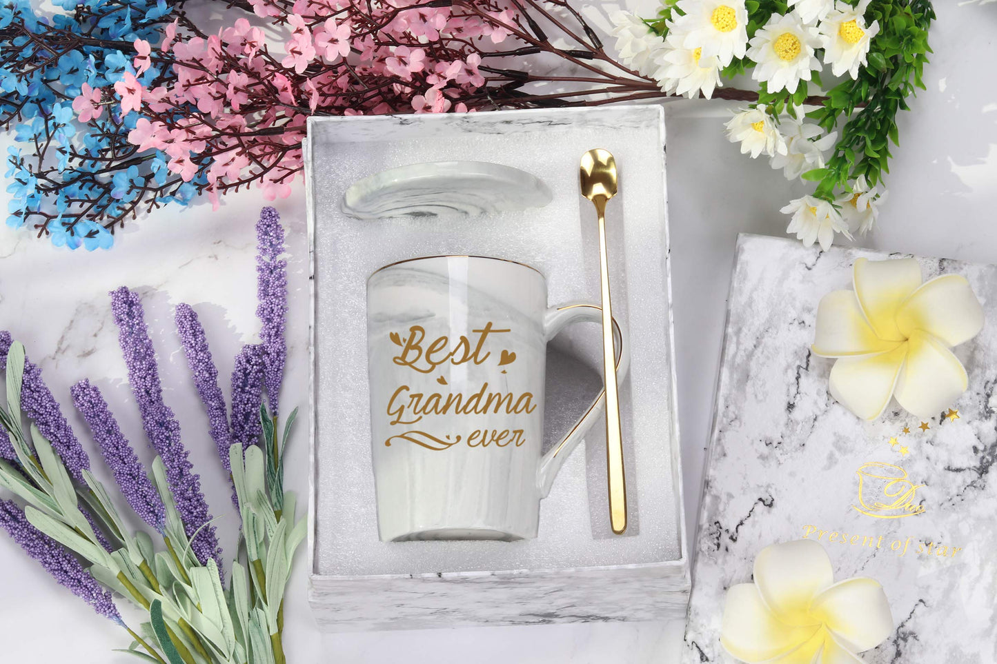 Best Grandma Ever Mug Coffee Gifts Birthday Mothers Day for from Granddaughter Grandson Grandchildren Grandkids 14 Ounce Gift Box with Spoon and Mat Gray