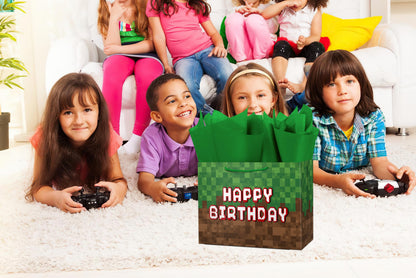 Ranfashiong 16" Extra Large Pixel Theme Birthday Boys Gift Bag with Tissue Paper and Card for Kids, Men Party Supplies (Green)