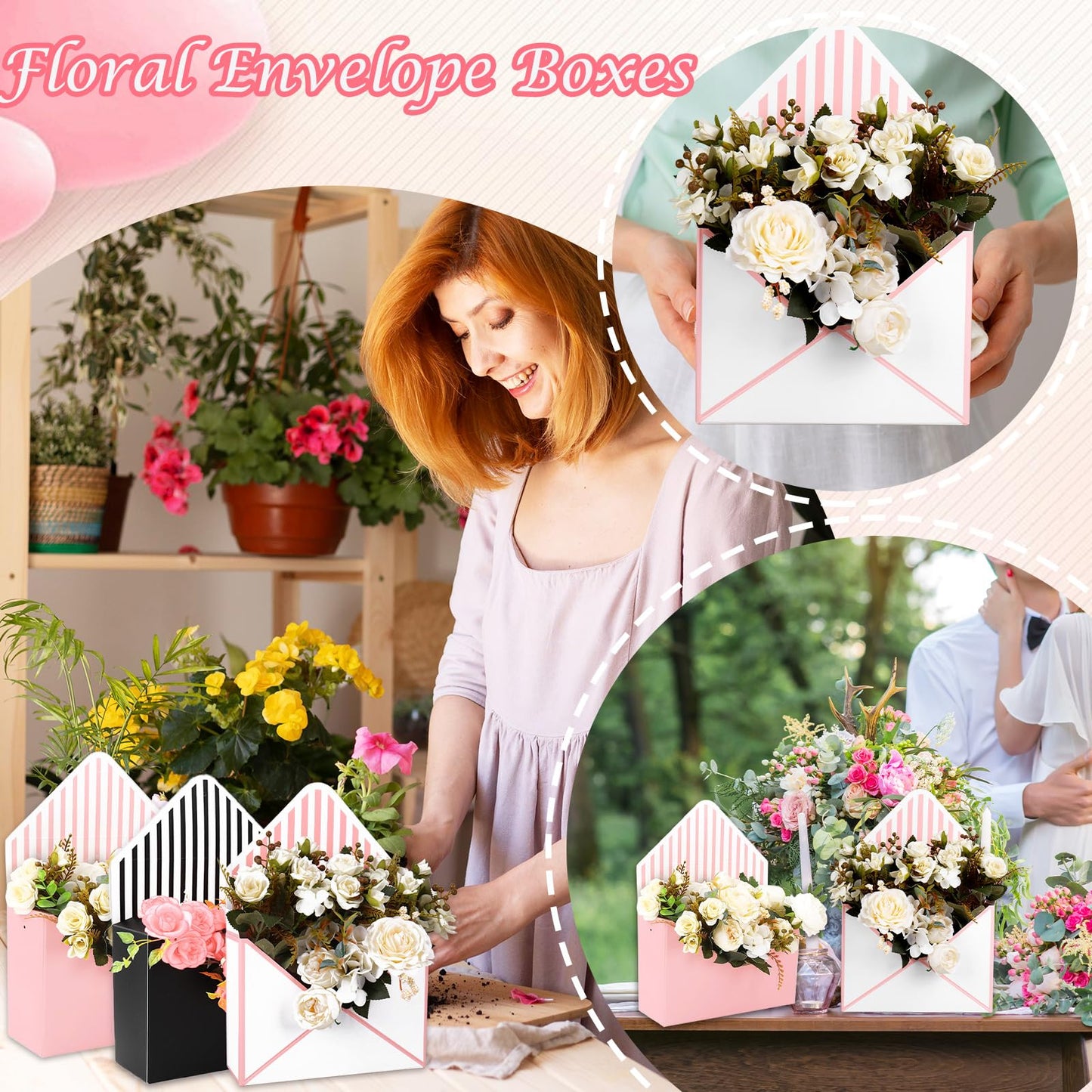 FYSUIMU 6Pcs Mother's Day Floral Envelope Box Empty Flower Stripe Paper Box Florist Bouquet Packaging Box for Valentine's Day Wedding Birthday Party Arrangements, Black White Pink