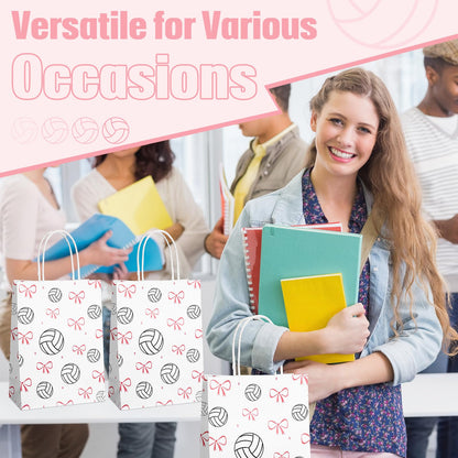 Spiareal 24 Pcs Volleyball Paper Gift Bags with Handles, Volleyball Party Favors Snack Goodies Pink Bow Bags for Team Sport Birthday Themed Party for Decorations, Game Celebration