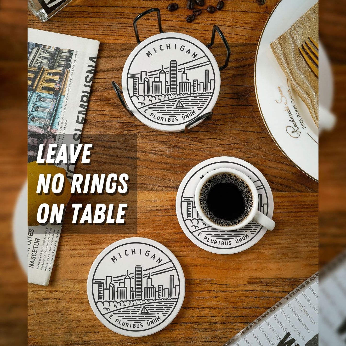 Onebttl Michigan Gifts Coasters Set of 6 with Holder - State Souvenir Housewarming Home Decor - Moving Away Homesick Gift for Women Men