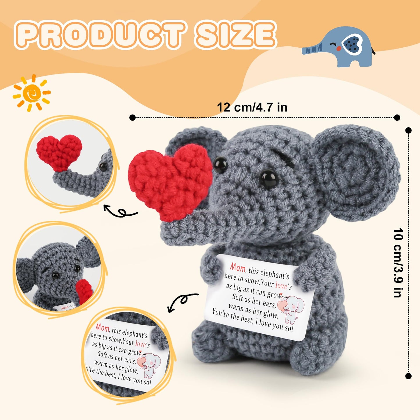 Positive Crochet Elephant Inspirational Christmas Birthday Gifts for Women Men Emotional Support Stocking Stuffers White Elephant Gifts Cute Decor for Mom Dad Daughter Sister Friend (Common)