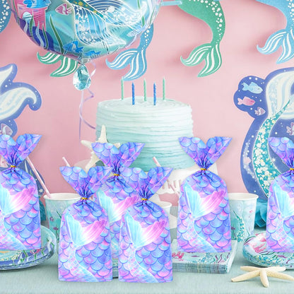 Mikzhskr Mermaid Party Favors - 30 Pcs Decorations, Cookie Goodie Candy Gift Bags, Little Mermaid Cellophane Treat Bags With 30 Pcs Gold Twist Ties for Birthday Party Supplies