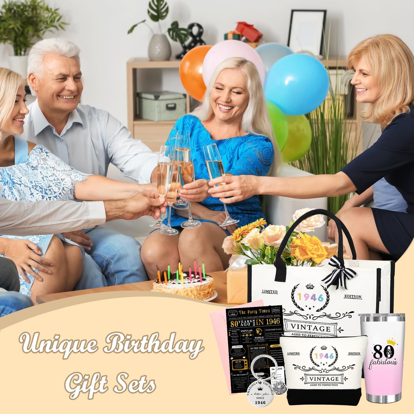 80th 1945 Birthday Gifts for Women, 80 Year Old Birthday Fabulous Gifts for Women, Cool 80th Gift Canvas Tote Bag Set for Woman, Turning 80th Cup Gift Basket for Her Mom Sister Wife