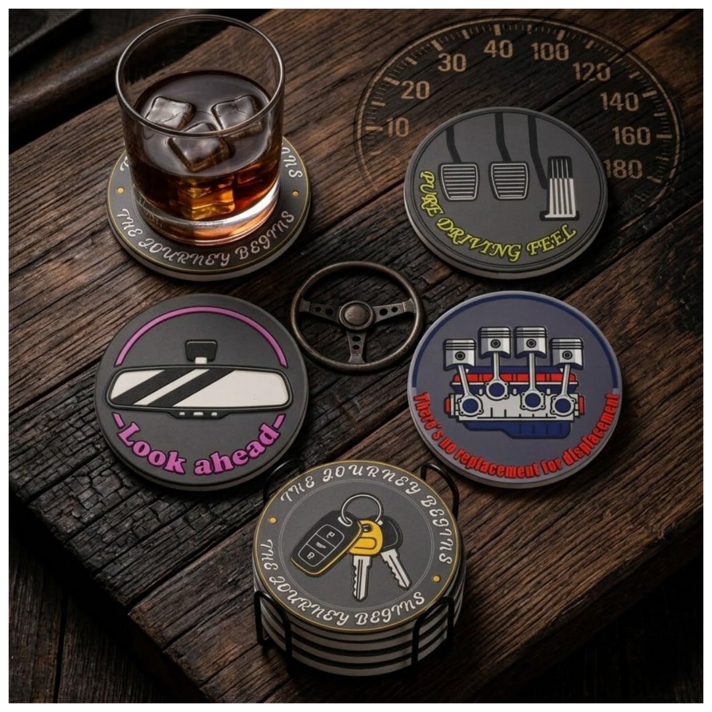 Fathers Day Dad Gifts Dad Birthday Gift, Car Guy Ceramic Coasters Set of 4 with Holder Absorbent Drink Coasters Home Table Coffee Kitchen Bar Decor Housewarming Gifts 4 Inches