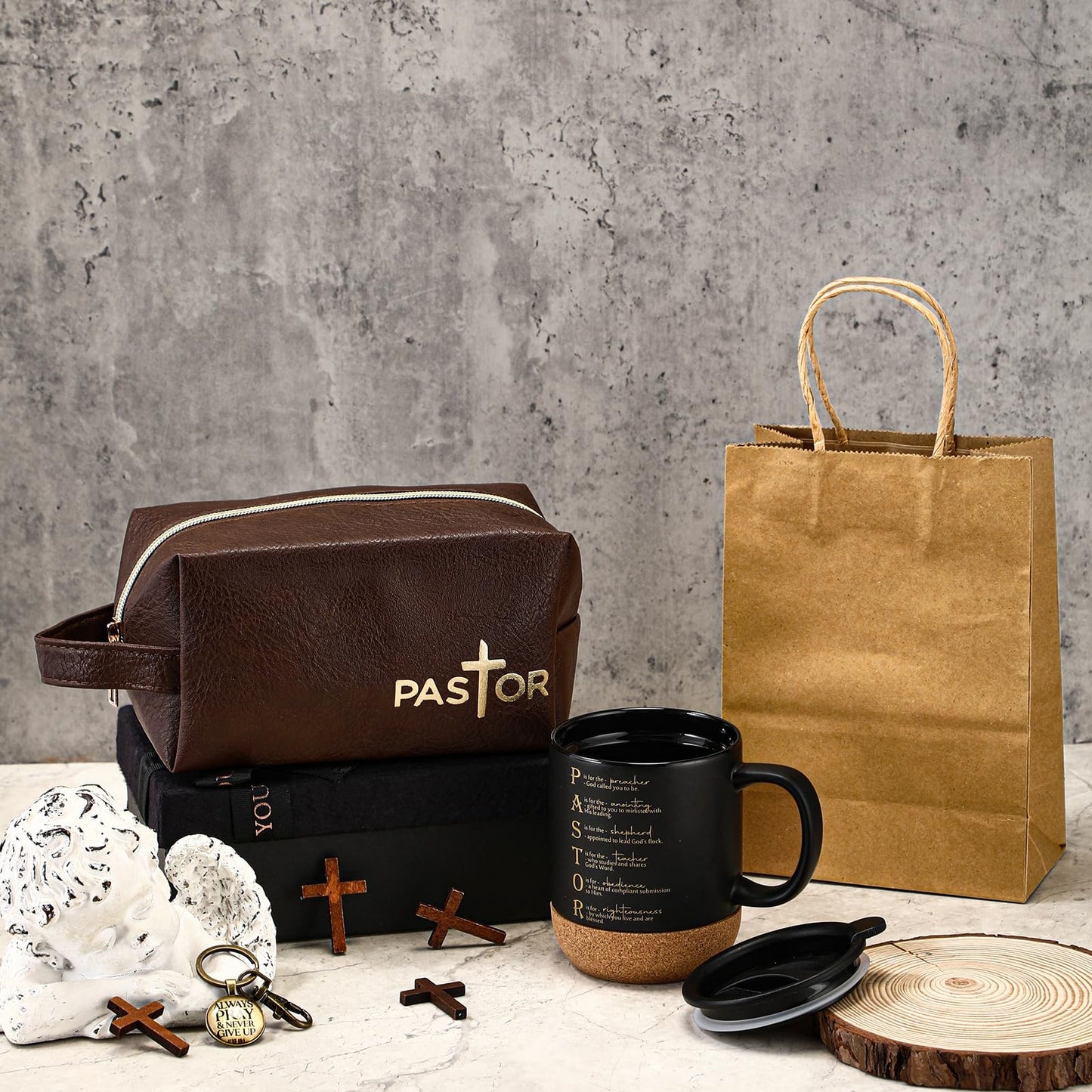 Dansydaisy 3 Pcs Fathers Day Church Gifts 13.5 oz Ceramic Cup with Lid Man of God Religious Leather Bag and Inspirational Christian Keychain for Men Pastor Church Welcome Gifts(Pastor,Brown)