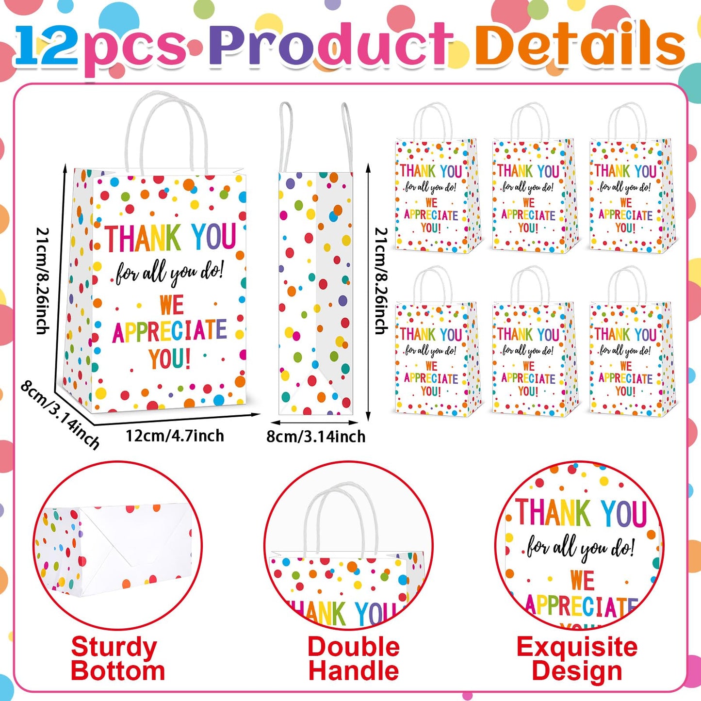 Oitnlaughter 12 Pcs We Appreciate You Paper Gift Bags Thank You for All You Do Goodie Bag Be Thankful to Teacher Doctor Staff Treat Bag Decoration for Thank You Party Favors Supplies 8 x 6 x 3inch