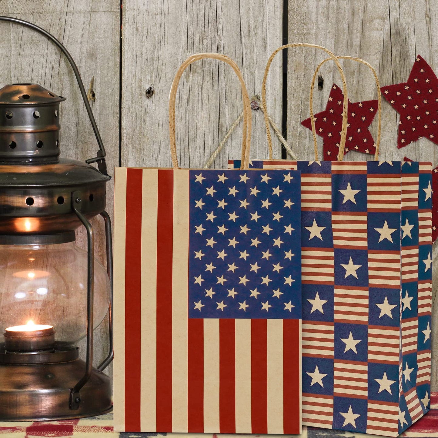 AnyDesign 16Pcs Patriotic 4th of July Paper Gift bags with Handle American Flag Star Stripe Party Favor Bags Candy Goodie Treat Bag for 250th Anniversary Independence Day, 5.9 x 8.3 x 3.1 In