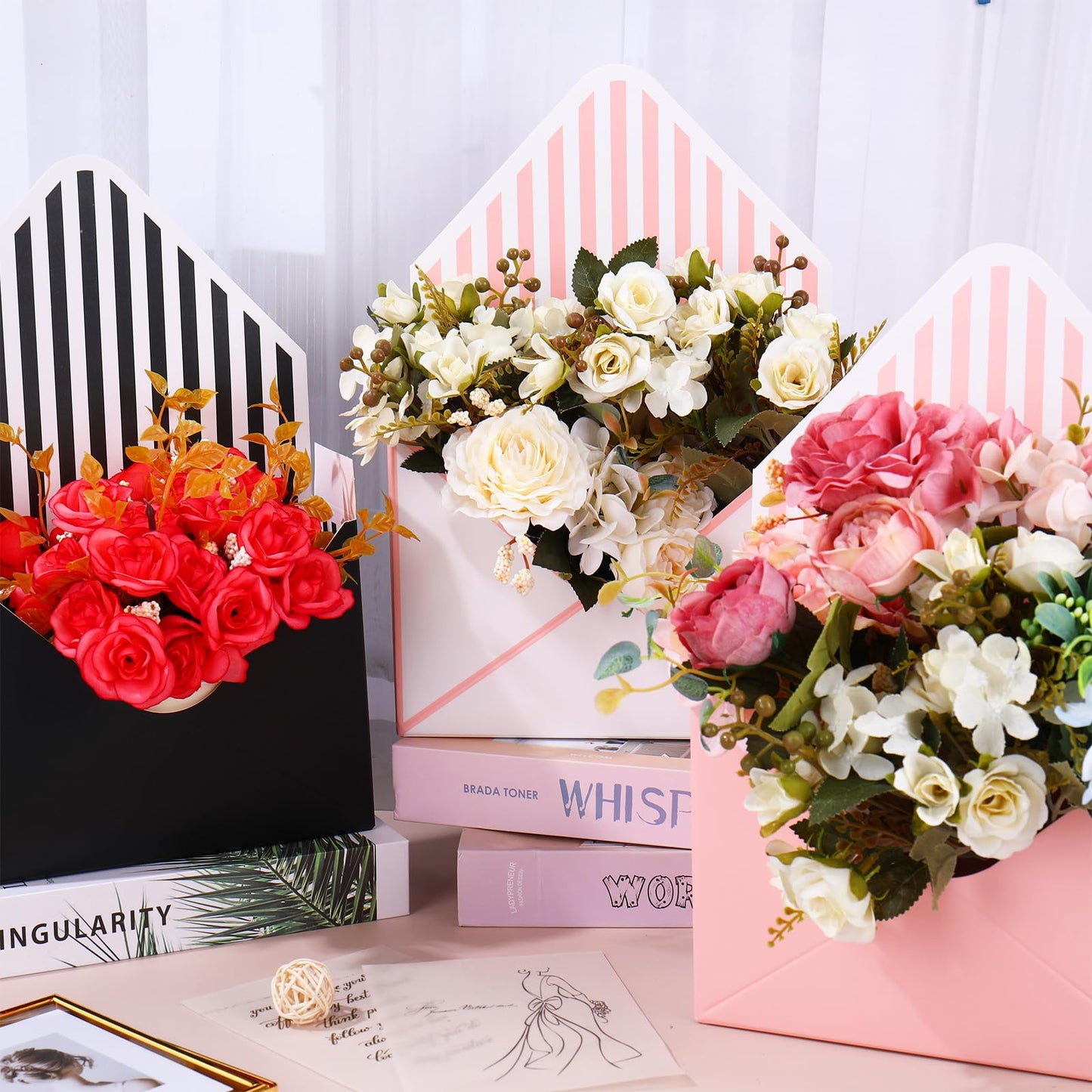 FYSUIMU 6Pcs Mother's Day Floral Envelope Box Empty Flower Stripe Paper Box Florist Bouquet Packaging Box for Valentine's Day Wedding Birthday Party Arrangements, Black White Pink