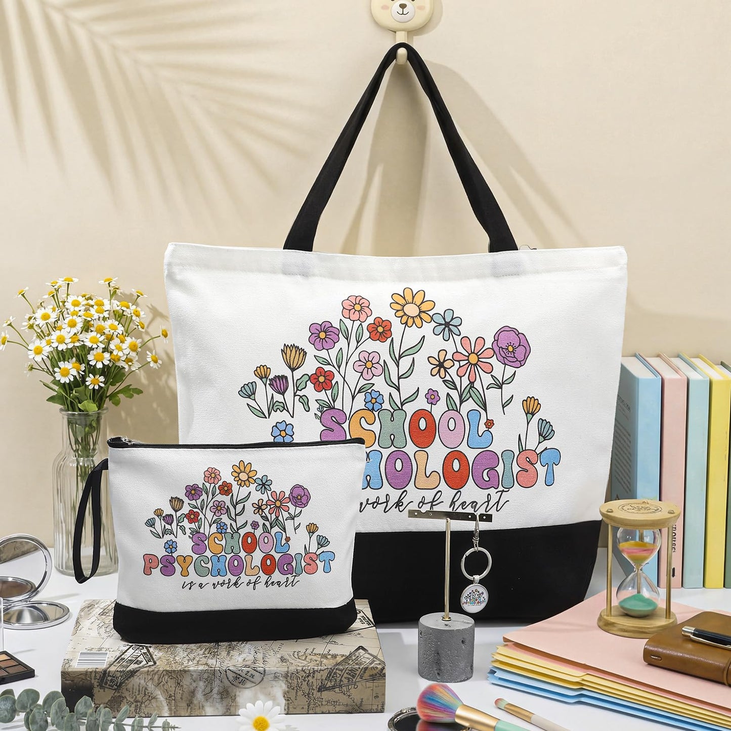 Kacctyen School Psychologist Appreciation Gifts Sets Canvas Tote Bag Makeup Cosmetic Bag Teacher Thank You Keychains for Women Employee Coworker Staff