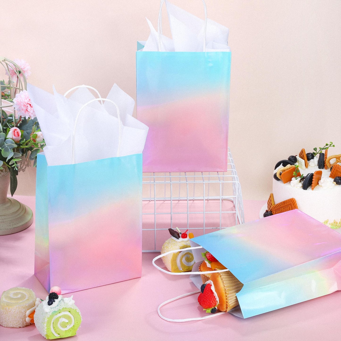 MIMIND 24 Pack Iridescent Paper Gift Bags with Handles Holographic Party Favor Bags with Tissue Paper 8.7 x 6.3 x 3.1 Inch Glitter Gradient Pink and Blue Goodie Candy Bag for Wedding Birthday Parties