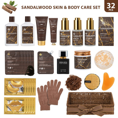 Sandalwood 32 Pcs Bath & Body Gift Basket for Men, Beard Grooming Set, Face Skin Care Kit, Home Spa Basket Gift Set, Bath Bomb, Birthday, Christmas, Valentines, Father's Day, Anniversary