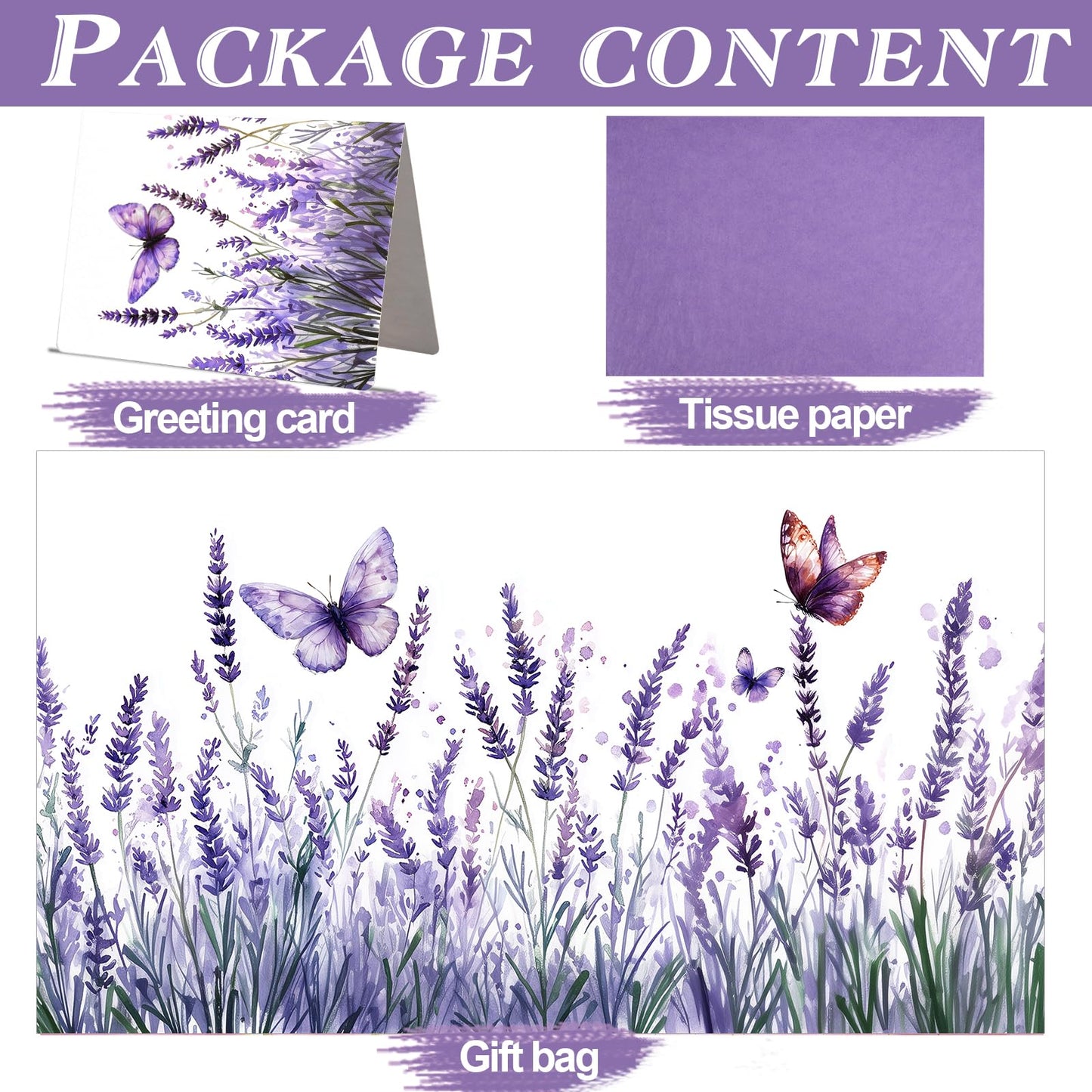 JOCOPUERTO Lavender Birthday Gift Bag - 13" Large Purple Butterfly Gift Bag with Tissue Paper and Card for Women Purple Themed Birthday Party Supplies
