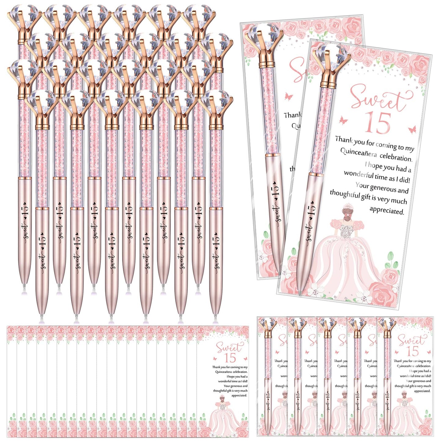 Sayglossy 50 Sets Quinceanera Party Favors Sweet 15th Thank You Gifts Diamond Pens with Thank You Cards Retractable Ballpoint Bling Pens 15 Birthday Gifts for Guests (Rose Gold)