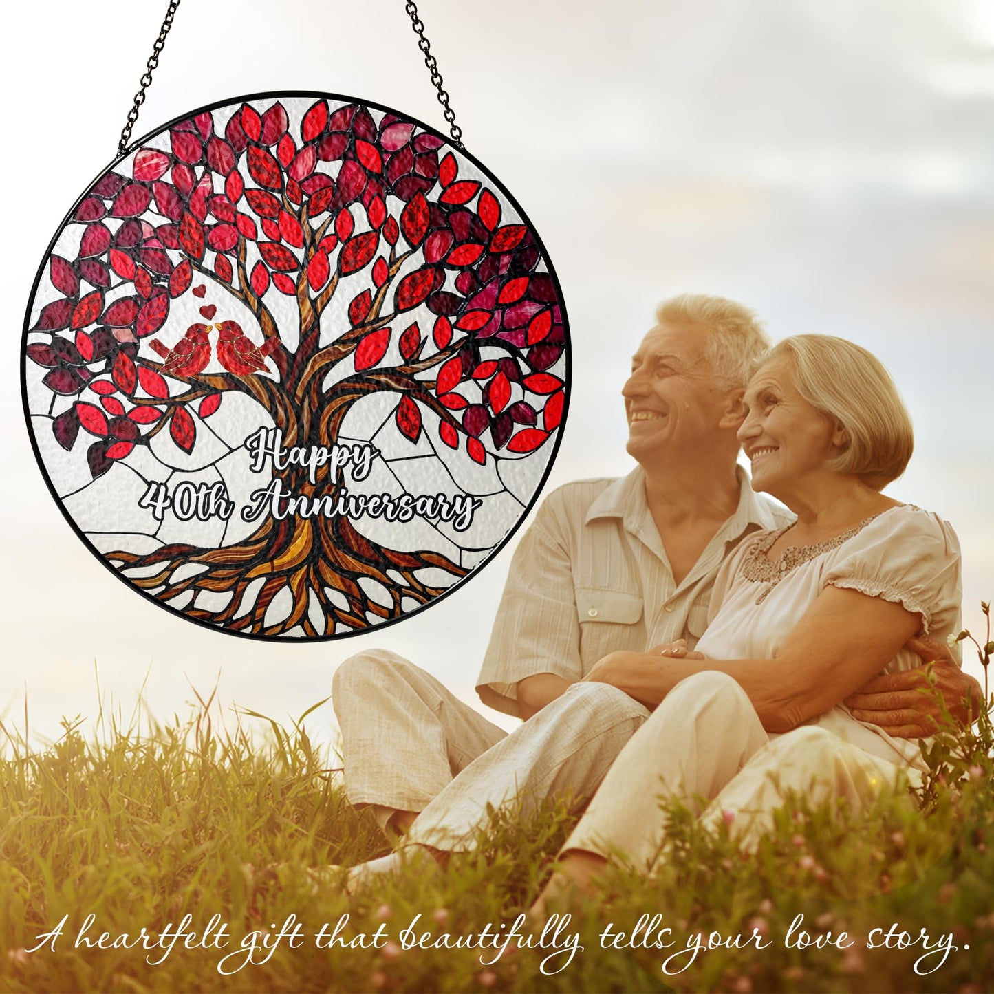 40th Wedding Anniversary Stained Glass Suncatcher, Ruby Anniversary Wedding Gifts, 6x6' Window Hanging for Couple, Wife, Husband, Parents – Unique 40th Anniversary Decorations Gifts