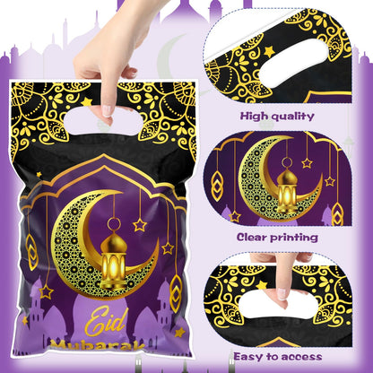 50pcs Eid Mubarak Gift Bags with Die Cut Handles, 4 designs - Golden Crescent Moon Lantern Muslim Mosque Print Goodie Candy Snack Plastic Gift Bags Pouch for Eid Al-fitr Ramadan Islamic Diwali Party