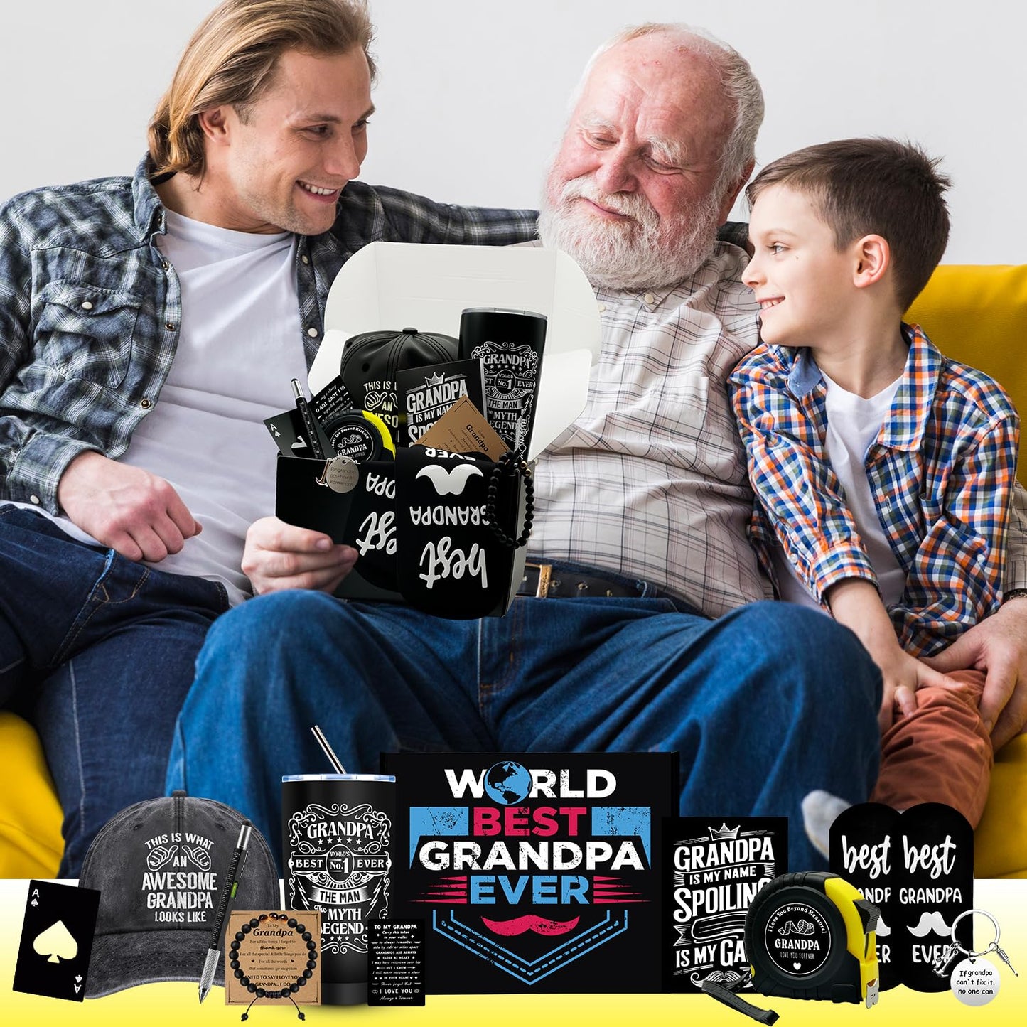 JTAMOHI 11 Pieces Grandpa Gifts, Best Grandpa Ever Gift with 20 Oz Tumbler Socks Baseball Cap Tape Measure Bracelet Wallet Card Keychain, Fathers Day Birthday Christmas Gift for Grandfather Granddad