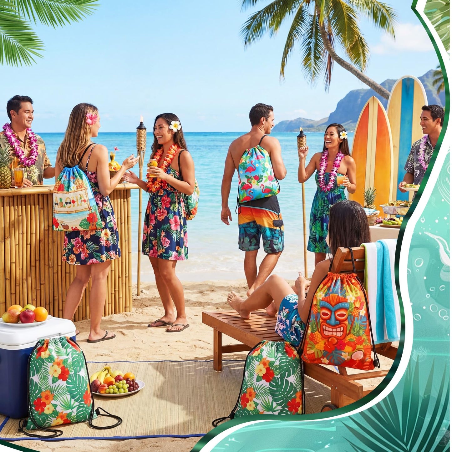 Aliceset 20 Pack Hawaiian Drawstring Gift Bags Bulk, Tropical Goodie Gift Backpack with Adjustable Straps Cute Sacks for Summer Beach Luau Aloha Tiki Birthday Vacation Travel Party Favors(11.81x9.84)