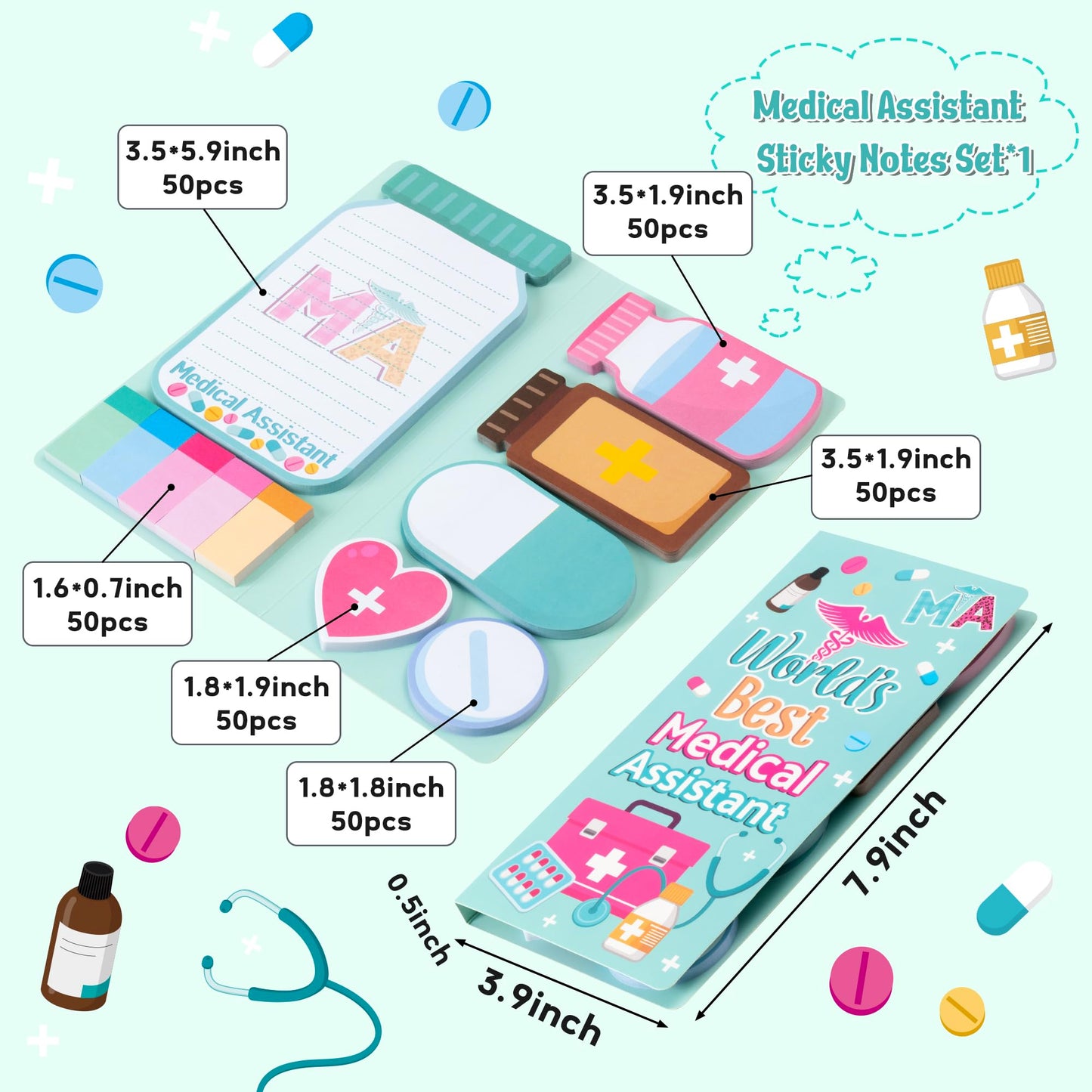 B1ykin Sticky Notes Set - Cartoon Theme Cute Self-Stick Notes Pad Teacher Appreciation Gifts， Self-Adhesive Writing Memo Pages Sticky to Do Notepad for Kids Employee School Office (Medical Assistant)
