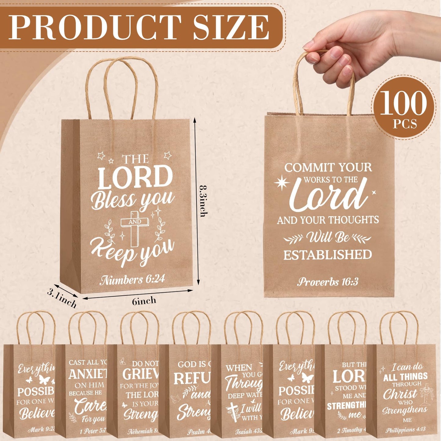 Chiisong 100 Pcs Christian Gift Bags, Fathers Day Religious Bible Verse Treat Bags with Handles Inspirational Church Scripture Bag for Women Wedding Baptism Birthday Party Favor(Kraft with White)