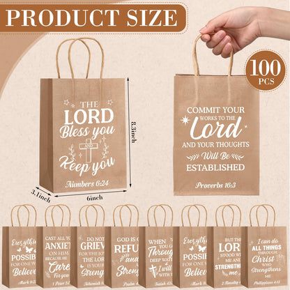 Chiisong 100 Pcs Christian Gift Bags, Fathers Day Religious Bible Verse Treat Bags with Handles Inspirational Church Scripture Bag for Women Wedding Baptism Birthday Party Favor(Kraft with White)