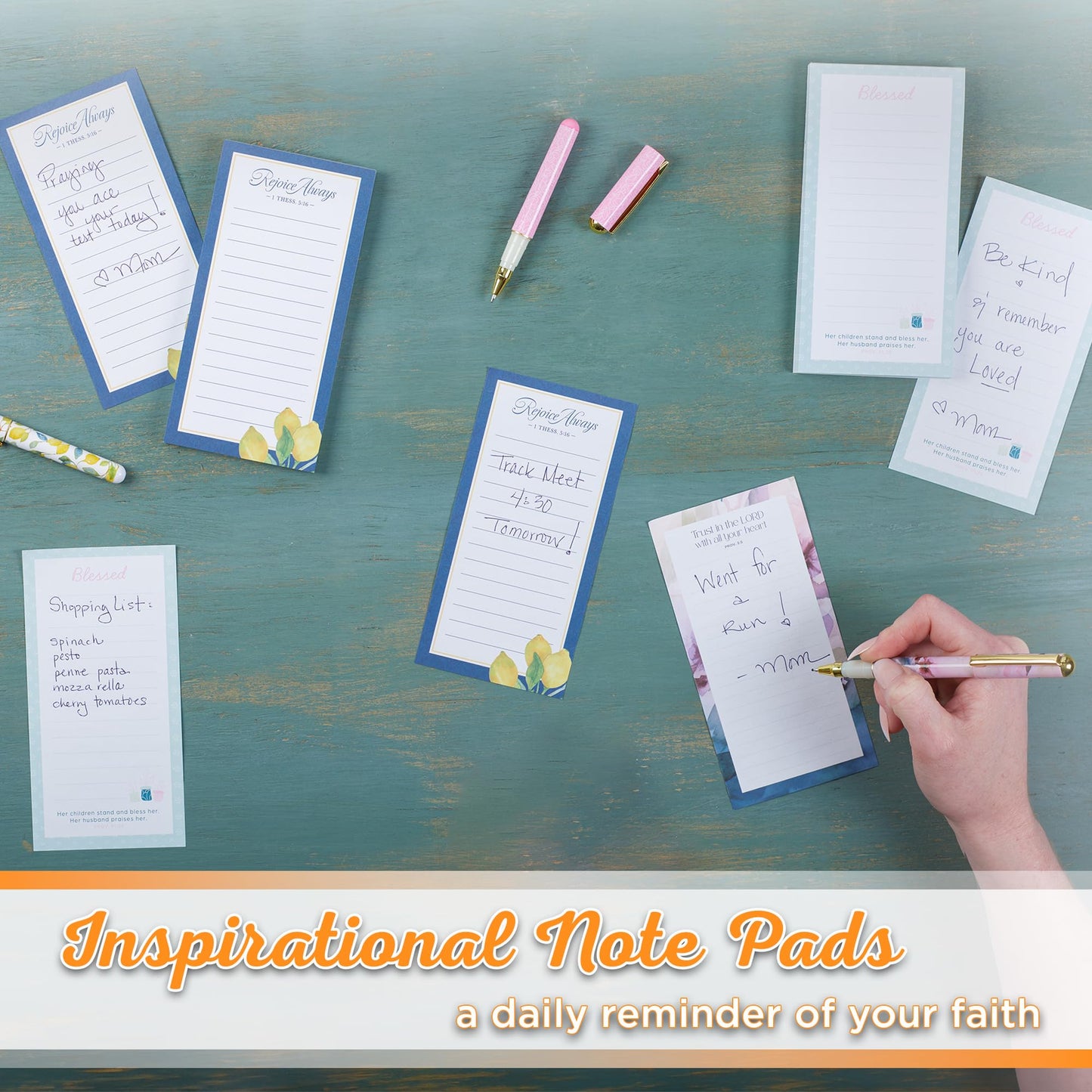 Christian Art Gifts Compact Magnetic Notepad & Medium Ballpoint Pen Set for Women: Rejoice Always Inspirational Scripture, Lists, Reminders, 70 Lined Easy Tear-off Sheets, Navy Blue & Yellow Lemons