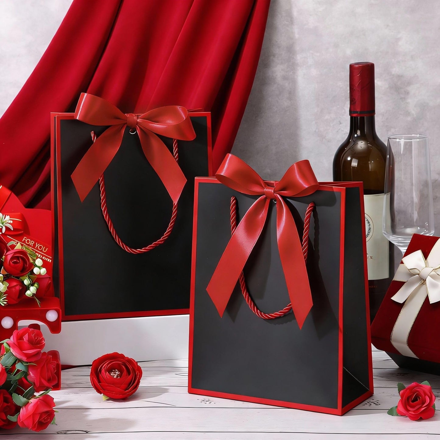 Silkfly 12 Pcs Wedding Paper Gift Bags with Handle 9x7x3.15'' Thank You Gifts Bags with Ribbon Bow Bridal Shower Gifts for Baby Shower Graduation Holiday Birthday Party Supplies (Black,Red)