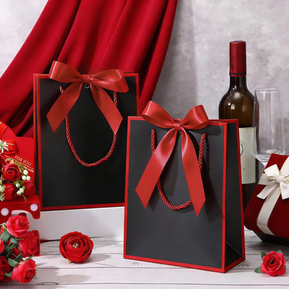 Silkfly 12 Pcs Wedding Paper Gift Bags with Handle 9x7x3.15'' Thank You Gifts Bags with Ribbon Bow Bridal Shower Gifts for Baby Shower Graduation Holiday Birthday Party Supplies (Black,Red)