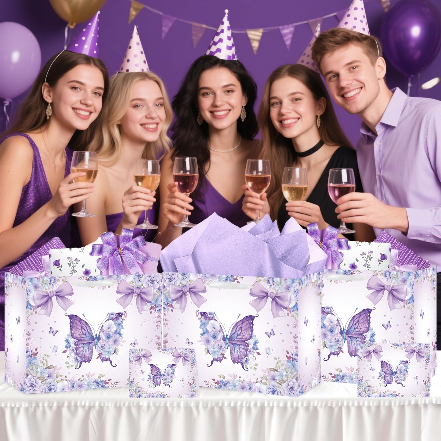 SolarGlory Large Butterfly Birthday Gift Bag with Card & Tissue Paper – Purple Happy Birthday Party Favors for Women, Girls, Baby Shower, Bachelorette Theme Party Decorations